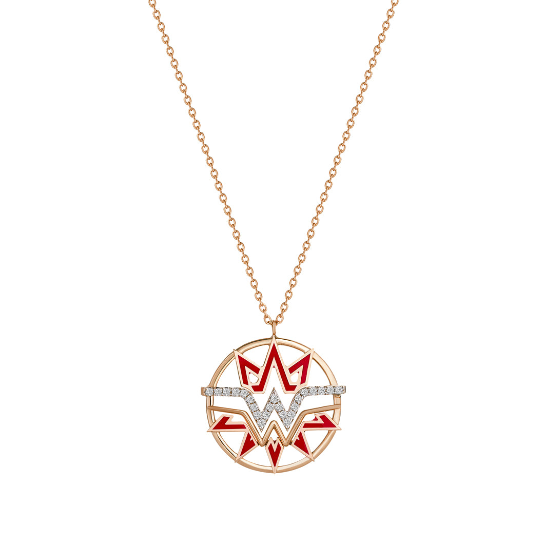 Wonder Woman Necklace Roslow Gold / White Brilliant Diamond / Red Ceramic